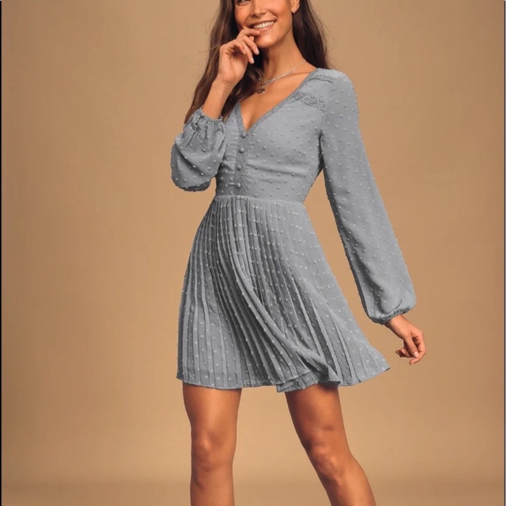 COPY - Poetic Love Dusty Blue Swiss Dot Long Sleeve Dress Lulus